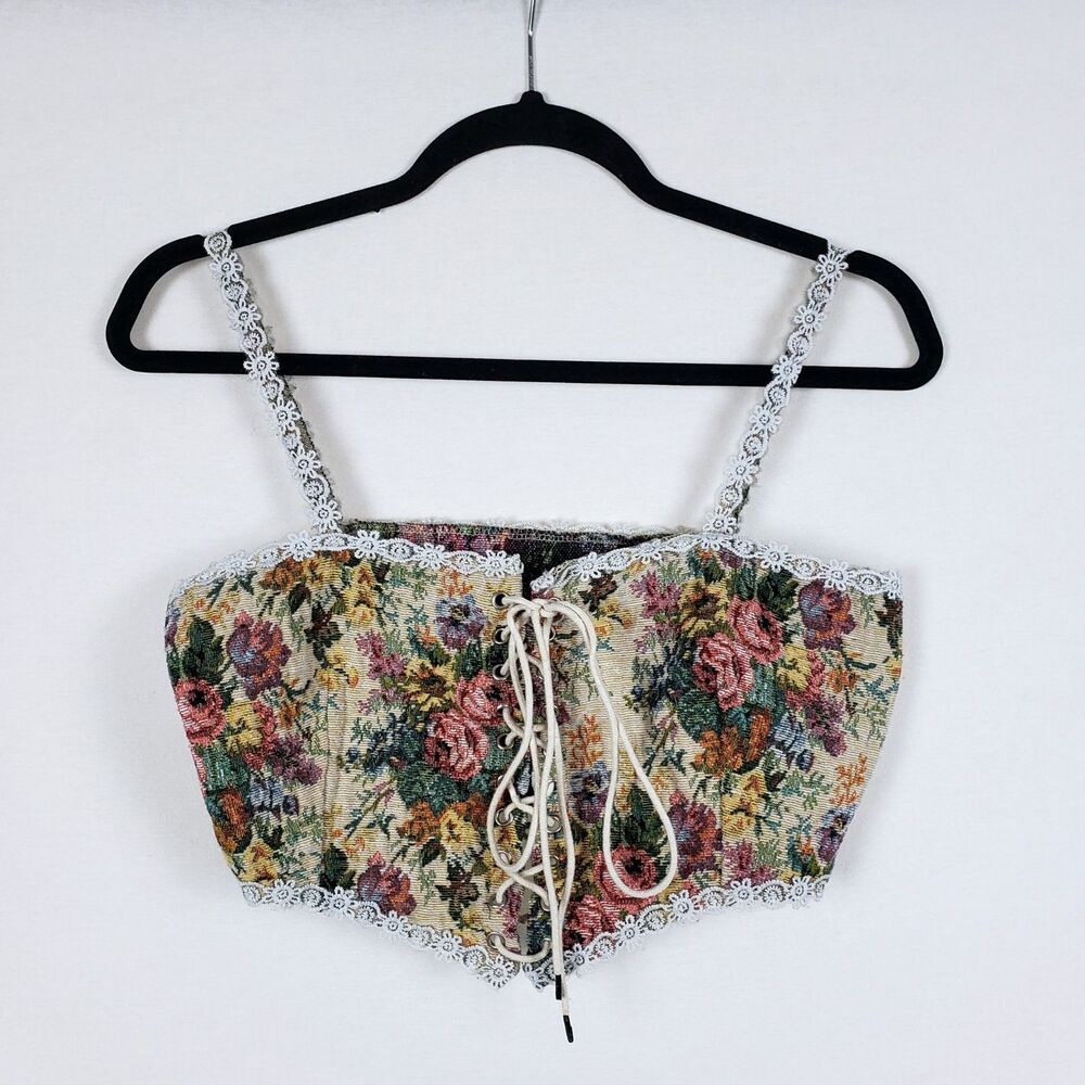 Cider Tapestry Corset Crop Top Renaissance Cottagecore Womens M Lace Trim